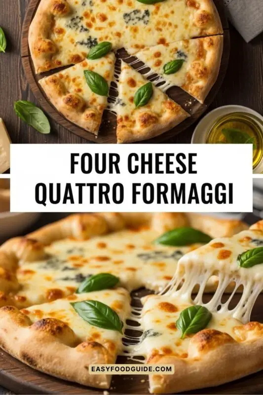 four-cheese-quattro-formaggi-6 This Four Cheese – Quattro Formaggi Pizza combines Fior di latte, provolone dolce, DOP gorgonzola, and Reggiano on a golden olive oil base. It’s creamy, tangy, and melt-in-your-mouth delicious—ideal for cheese lovers and easy white pizza nights.