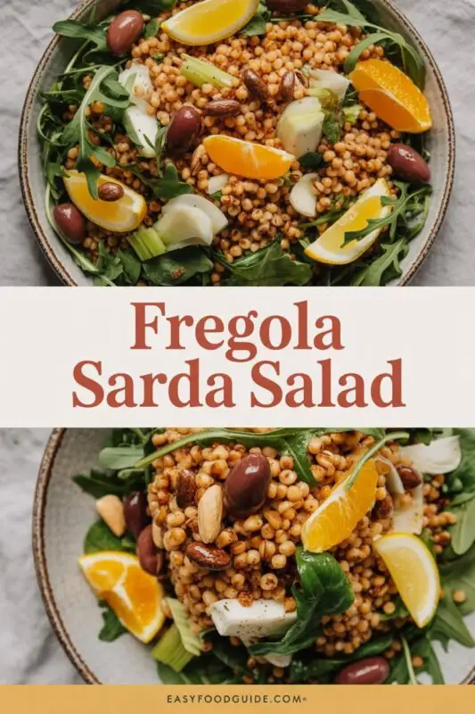 A vibrant Fregola Sarda Salad with olives, citrus, arugula, and almonds in a rustic bowl.