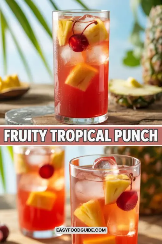 A refreshing glass of Fruity Tropical Punch with pineapple chunks and cherries, surrounded by palm leaves.
