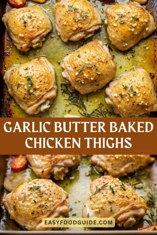 Crispy garlic butter baked chicken thighs garnished with parsley, served with roasted vegetables and mashed potatoes on a rustic table.