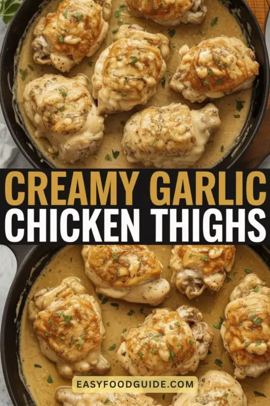 Creamy garlic chicken thighs in a rich sauce, garnished with parsley, served with vegetables on a rustic table.