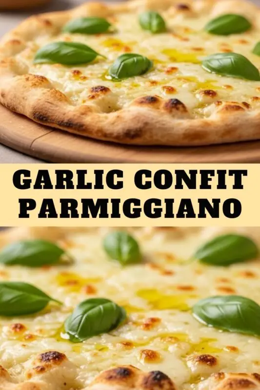 garlic-confit-parmiggiano-3a A delicious Garlic Confit Parmiggiano Pizza with creamy garlic sauce, golden crust, and fresh basil on a rustic table.