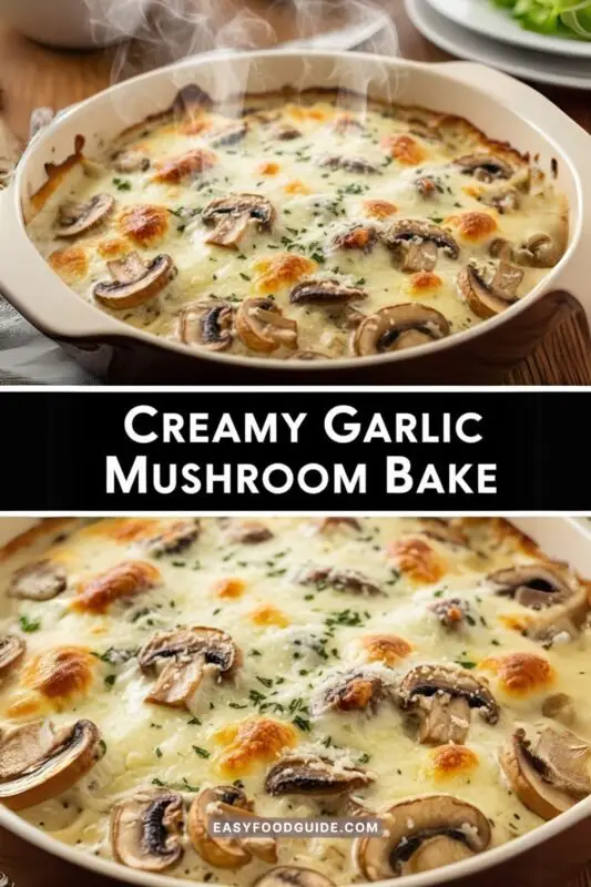 Creamy garlic mushroom bake in a rustic dish, topped with melted cheese and herbs.