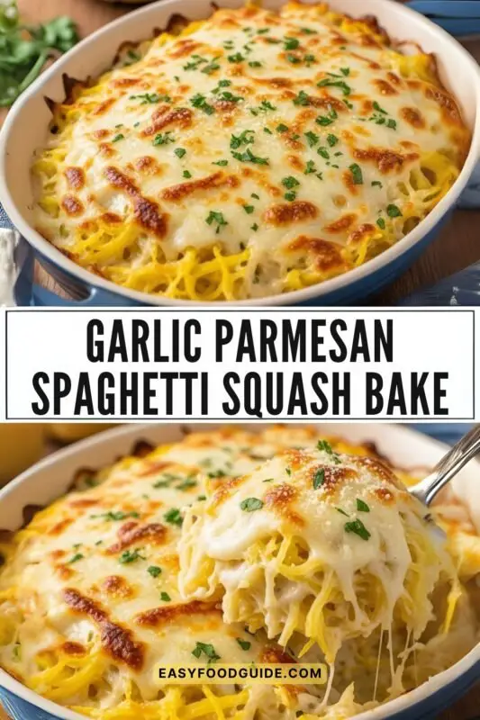 garlic-squash-spaghetti-5 A baked spaghetti squash dish topped with melted cheese and parsley on a rustic table.
