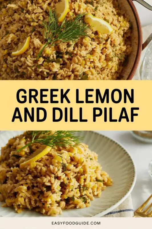 A bowl of Greek Lemon and Dill Pilaf with fluffy rice, fresh dill, and lemon zest, garnished with a lemon slice.