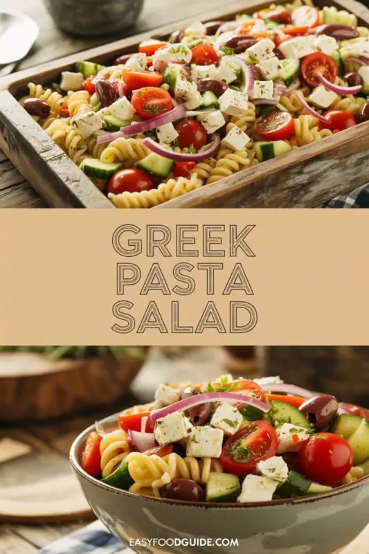 A vibrant Greek Pasta Salad with cherry tomatoes, cucumbers, red onions, olives, and feta cheese in a rustic bowl.