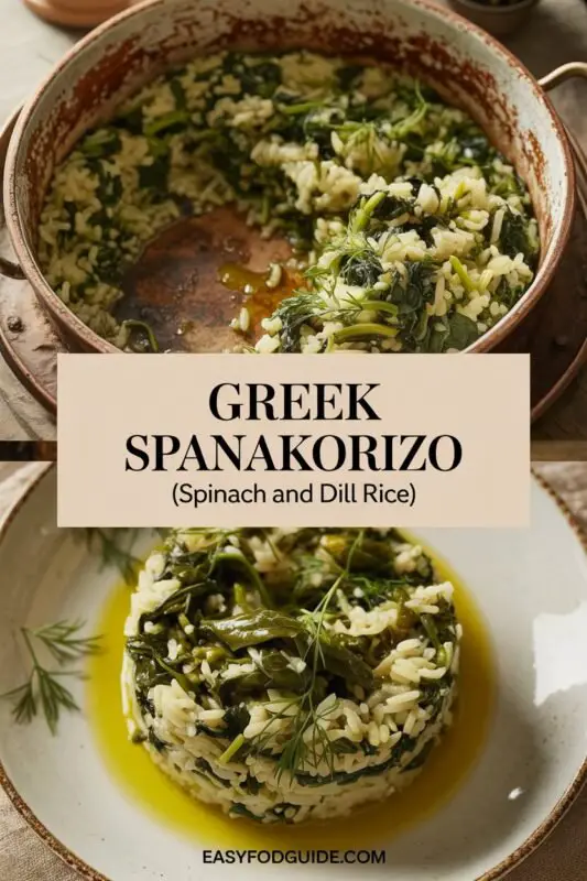 A bowl of Greek Spanakorizo with rice, spinach, and dill, garnished with lemon, on a rustic wooden table.