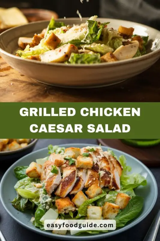 A fresh Grilled Chicken Caesar Salad with romaine lettuce, grilled chicken, Parmesan cheese, and Caesar dressing, served outdoors.
