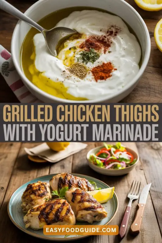 Grilled chicken thigh with herbs and a Mediterranean salad on a summer barbecue table.