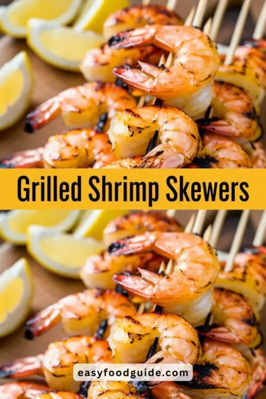 Grilled shrimp skewers with lemon garlic marinade on a wooden table, served with a fresh salad.