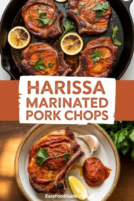 Grilled harissa marinated pork chops garnished with cilantro, served with a fresh salad on a rustic table.