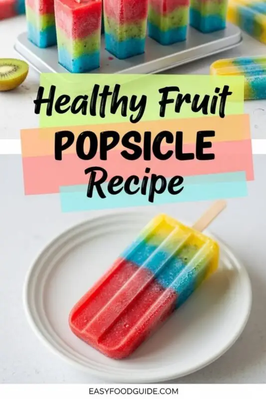 Colorful fruit popsicles with layers of strawberries, kiwi, blueberries, and pineapple on a wooden table.
