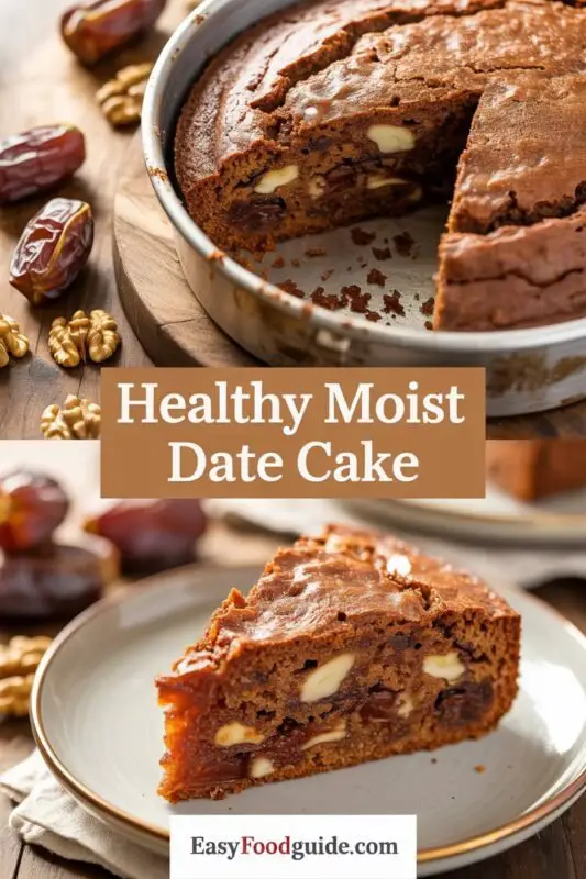 A golden brown moist date cake with walnuts, served on a wooden table with a slice cut out, showcasing its texture.