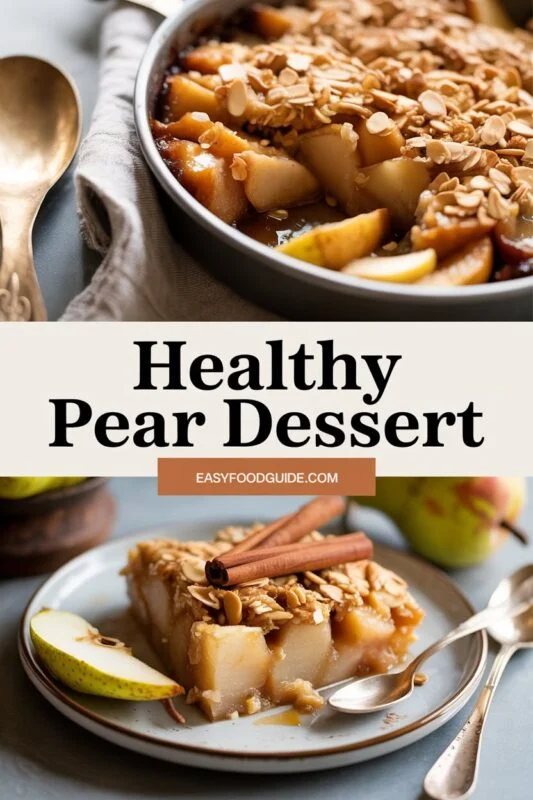 Baked pear crisp with almond oat crumble in a rustic dish, garnished with mint leaves.