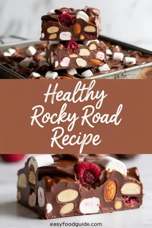 Healthy rocky road bars made with dark chocolate, almonds, marshmallows, and raspberries on a rustic wooden table.
