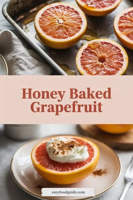 A plate of honey baked grapefruit slices on a wooden table with flowers in the background.