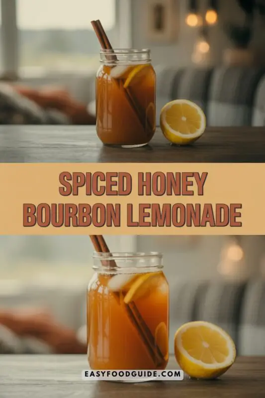 Mason jar filled with Spiced Honey Bourbon Lemonade, garnished with lemon slices and cinnamon sticks, set in a cozy fall atmosphere.