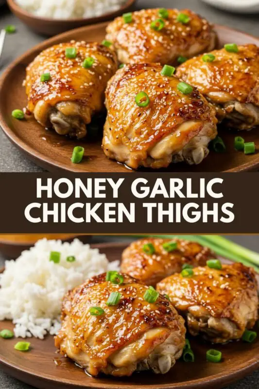Honey Garlic Chicken Thighs glazed with honey and garlic, served with broccoli and rice on a rustic table.