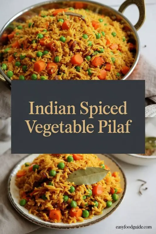 A bowl of Indian Spiced Vegetable Pilaf with basmati rice and mixed vegetables, garnished with cilantro on a wooden table.