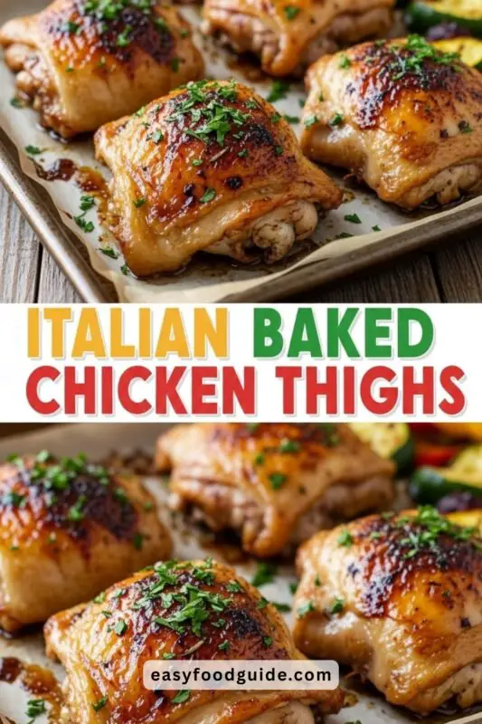 Golden brown Italian Baked Chicken Thighs garnished with parsley, served with roasted vegetables on a rustic table.