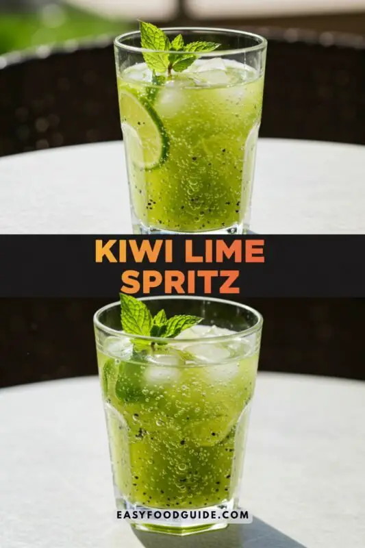 A glass of Kiwi Lime Spritz with kiwi slices and lime wedge, in a sunny garden.