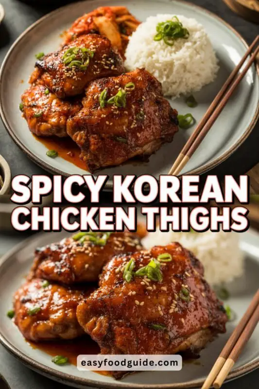 korean-chicken-thighs-03 Spicy Korean Chicken Thighs glazed with gochujang sauce, served with rice and vegetables on a rustic table.
