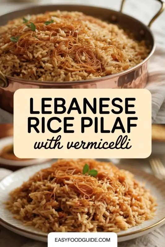Lebanese Rice Pilaf with Vermicelli served in a bowl, garnished with parsley, on a rustic table.