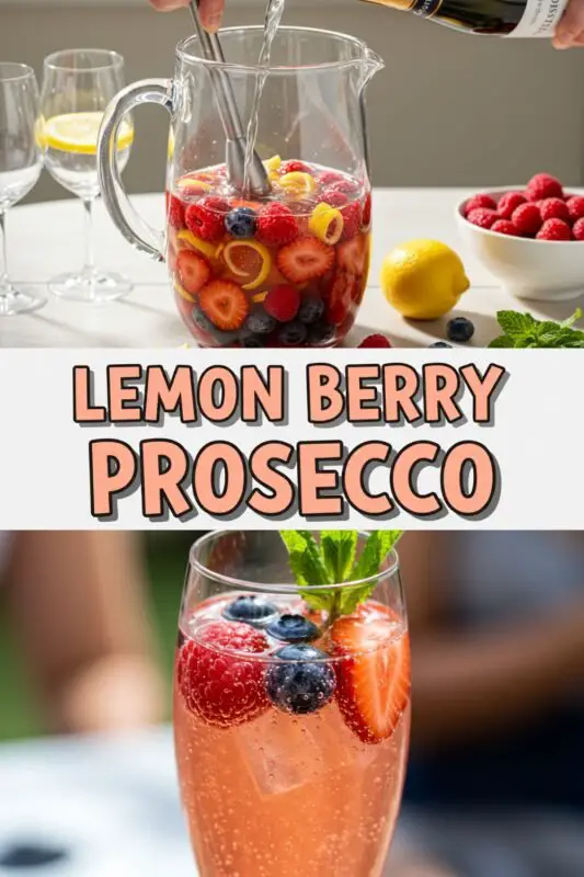 A refreshing Lemon Berry Prosecco cocktail with fresh berries and lemon zest in a flute glass, set in an elegant bar.