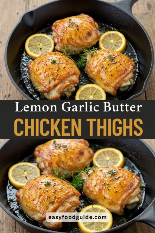 lemon-garlic-butter-chicken-thighs-04 Lemon Garlic Butter Chicken Thighs served with rice and vegetables, garnished with parsley.