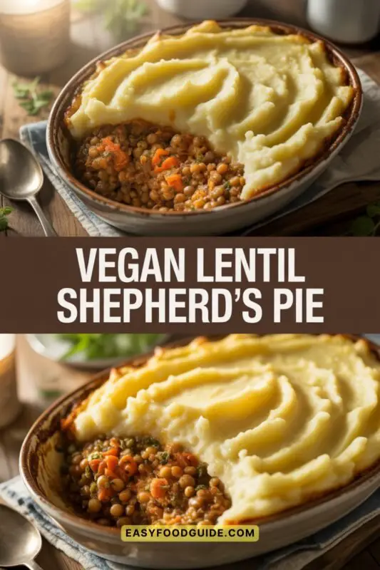 lentil-shepperds-pie-2 A warm and inviting Vegan Lentil Shepherd's Pie, showcasing a golden-brown layer of fluffy mashed potatoes atop a hearty lentil and vegetable filling. The dish is served in a rustic baking dish, with a spoon resting beside it, ready to serve. The background features a cozy kitchen setting with soft lighting, enhancing the comforting feel of this plant-based meal.