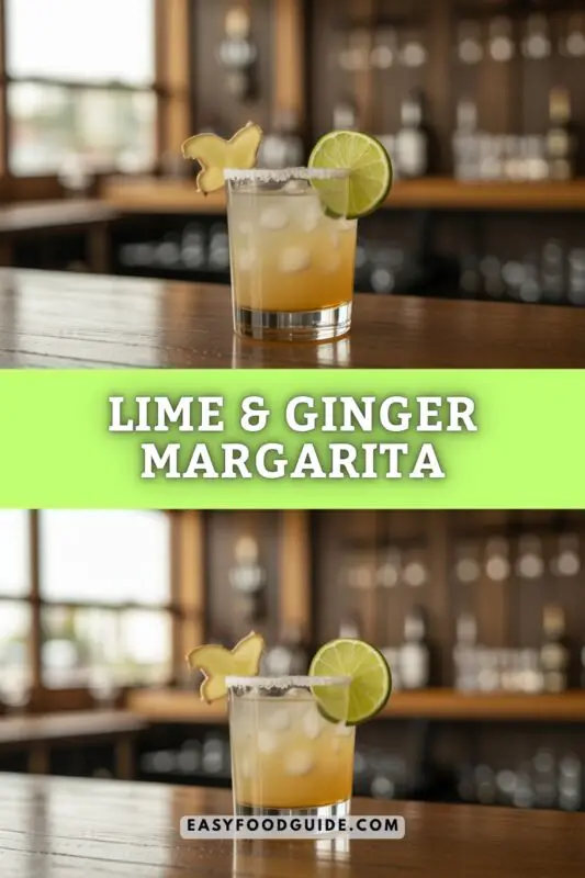 Lime & Ginger Margarita in a ginger sugar-rimmed glass, garnished with lime and ginger, on a rustic wooden bar counter.