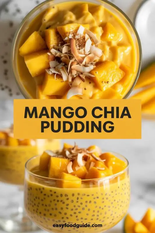 A colorful bowl of mango chia pudding layered with mango puree and mango slices.