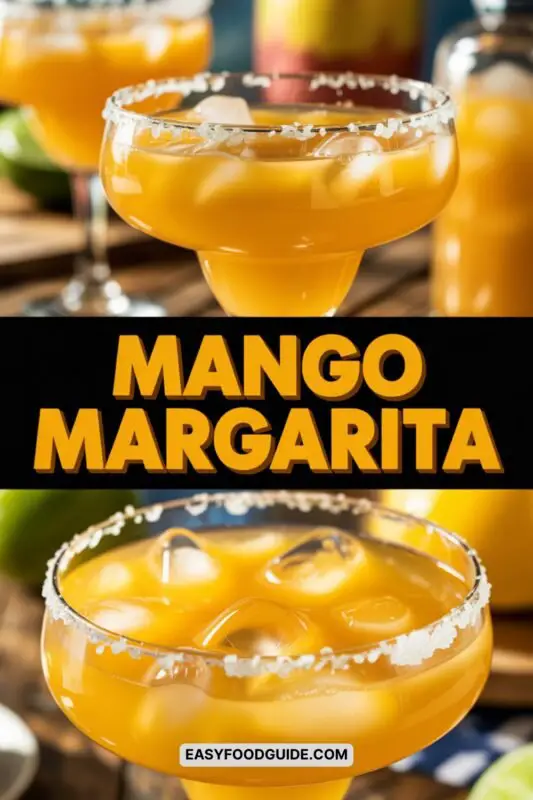 A refreshing mango margarita in a glass with a salted rim, surrounded by tropical plants on a wooden table.