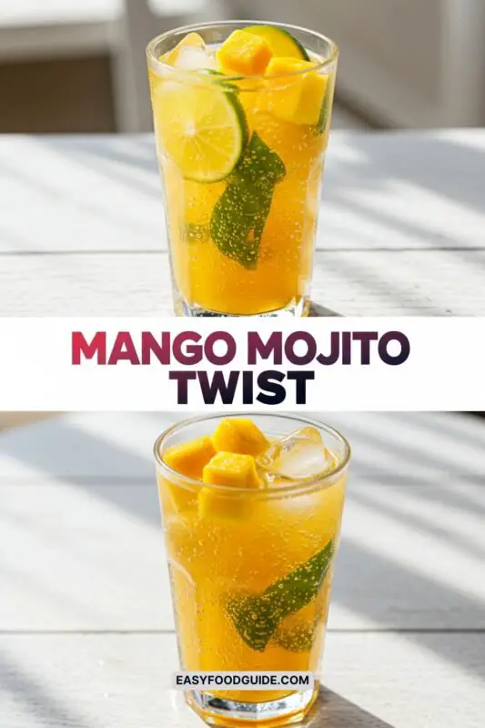 A refreshing Mango Mojito Twist cocktail with mango, mint, and lime on a sunny patio.