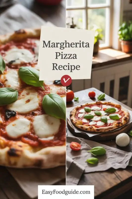 A classic Margherita pizza with tomato sauce, mozzarella, and basil on a wooden table.