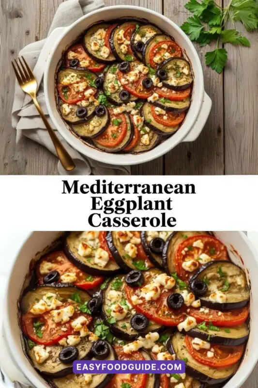 Mediterranean Eggplant Casserole in a blue dish with layers of eggplant, tomatoes, olives, and feta, garnished with parsley.