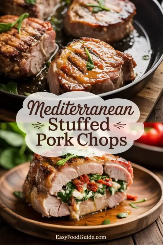 Mediterranean stuffed pork chop with spinach and feta stuffing, garnished with herbs, served with roasted vegetables.