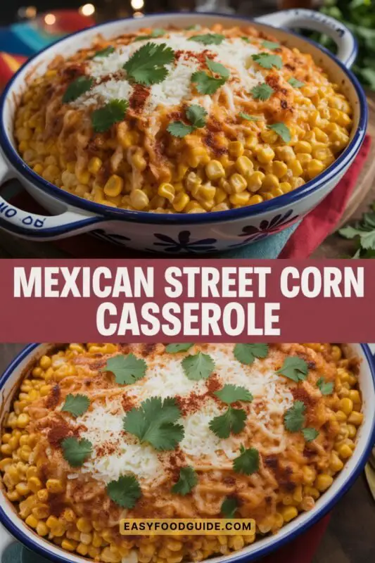 mexican-street-corn-1 Cheesy Mexican street corn casserole topped with cotija cheese and cilantro in a rustic dish.