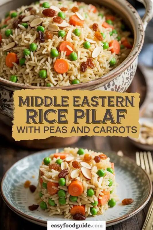 A colorful bowl of rice pilaf with peas and carrots, garnished with nuts and dried fruit, on a rustic table.