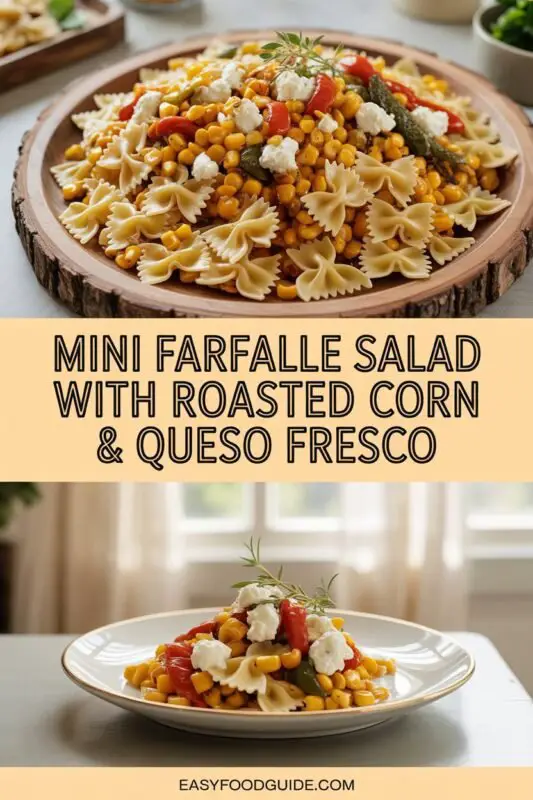 A vibrant Mini Farfalle Salad with roasted corn, queso fresco, and mini peppers in a rustic bowl on a summer table.