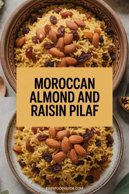 A colorful bowl of Moroccan pilaf with almonds and raisins, garnished with parsley, on a rustic table.