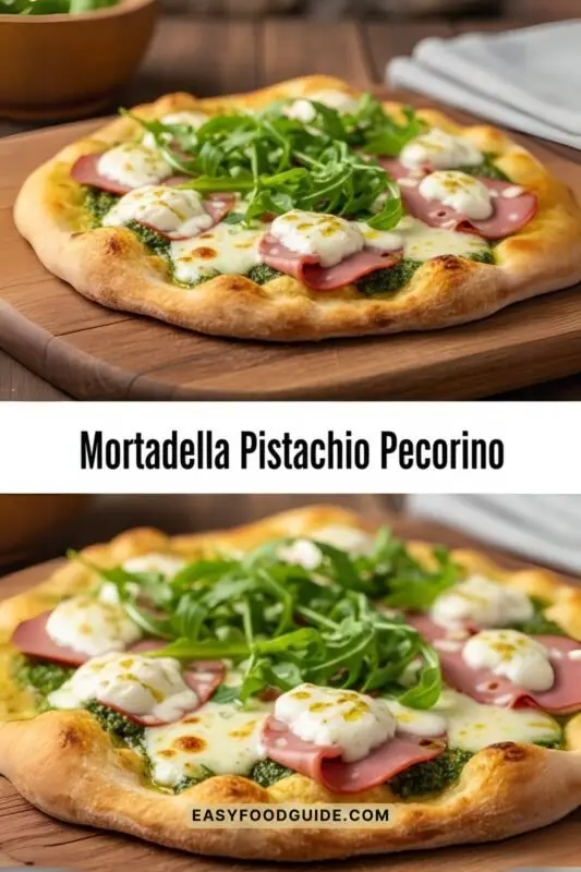 mortadella-pistachio-pecorino-1 Gourmet Mortadella Pistachio Pecorino Pizza with stracciatella, mortadella, pistachio pesto, and pecorino fondue on a wooden table.
