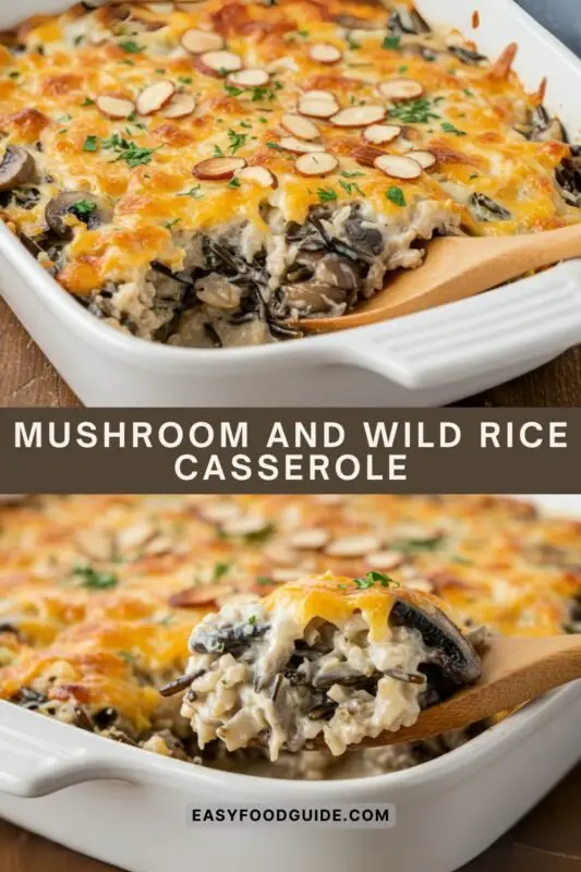 Creamy mushroom and wild rice casserole topped with toasted almonds and parsley, served in a rustic dish.