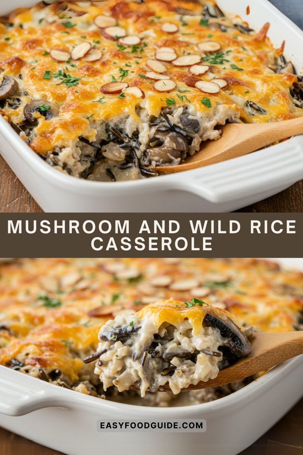Creamy mushroom and wild rice casserole topped with toasted almonds and parsley, served in a rustic dish.