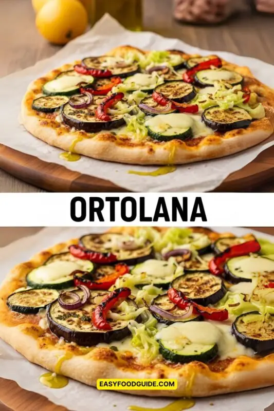 ortolana-1 A rustic Ortolana Pizza topped with eggplant, zucchini, capsicum, and basil on a wooden board.