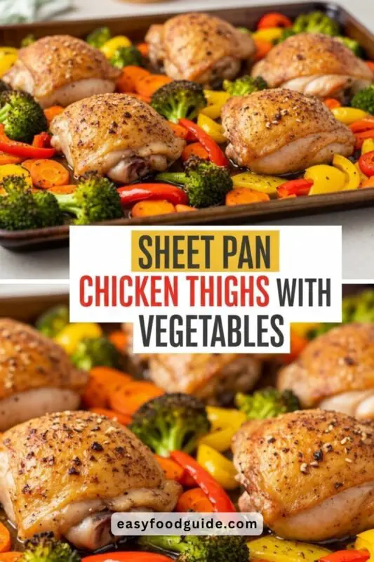 pan-chicken-thighs-04 Sheet pan with roasted chicken thighs and colorful vegetables, ready to serve.
