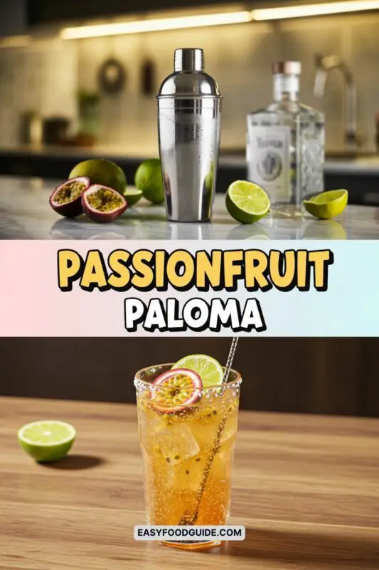 A refreshing Passionfruit Paloma cocktail with ice, lime, and passionfruit garnish in a sunny outdoor setting.