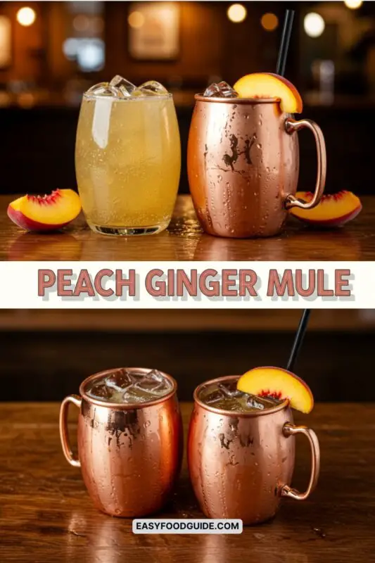 A refreshing Peach Ginger Mule in a copper mug with peach slices and mint, set in a rustic bar.