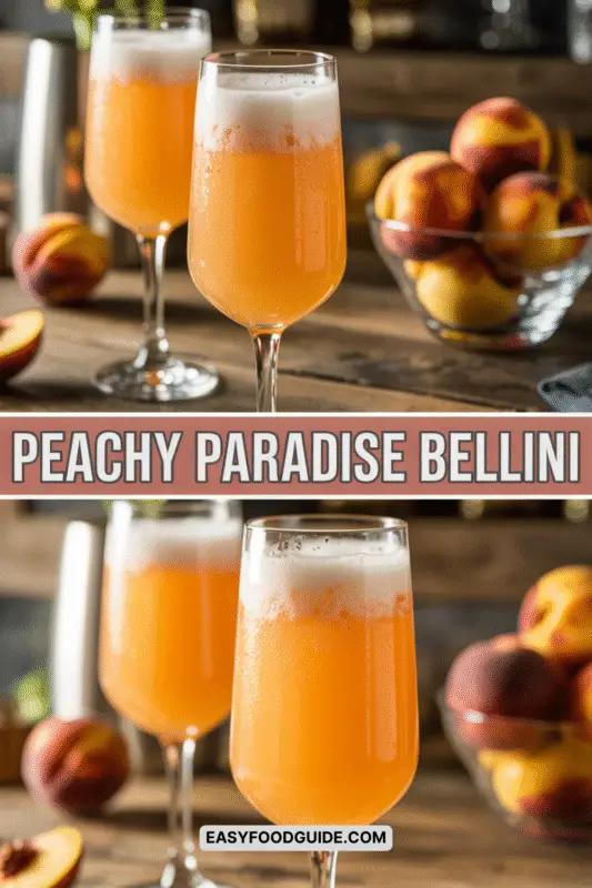 A refreshing Peachy Paradise Bellini cocktail in a flute glass with bubbles, garnished with peach slices on a wooden bar counter.