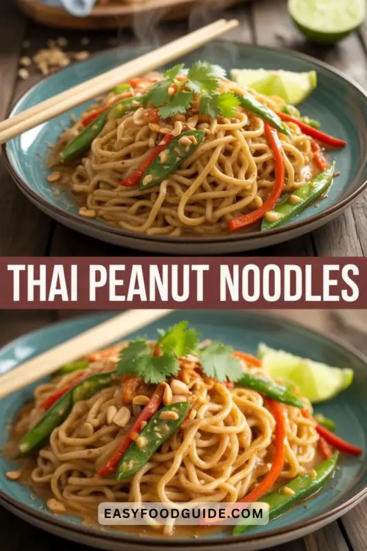 A plate of spicy Thai peanut noodles with vegetables, garnished with peanuts and cilantro, served with chopsticks.